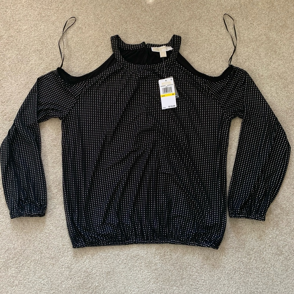 Michael Kors Open shoulder smock long Sleeve Black /silver Top size M NWT